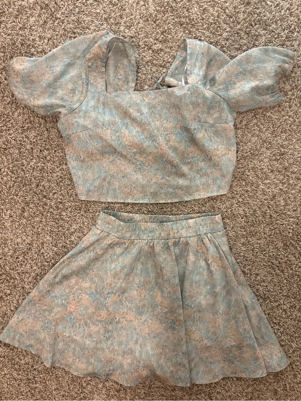 Pastel Blue & Peach Puff-Sleeve Two-Piece Set - Women's Casual